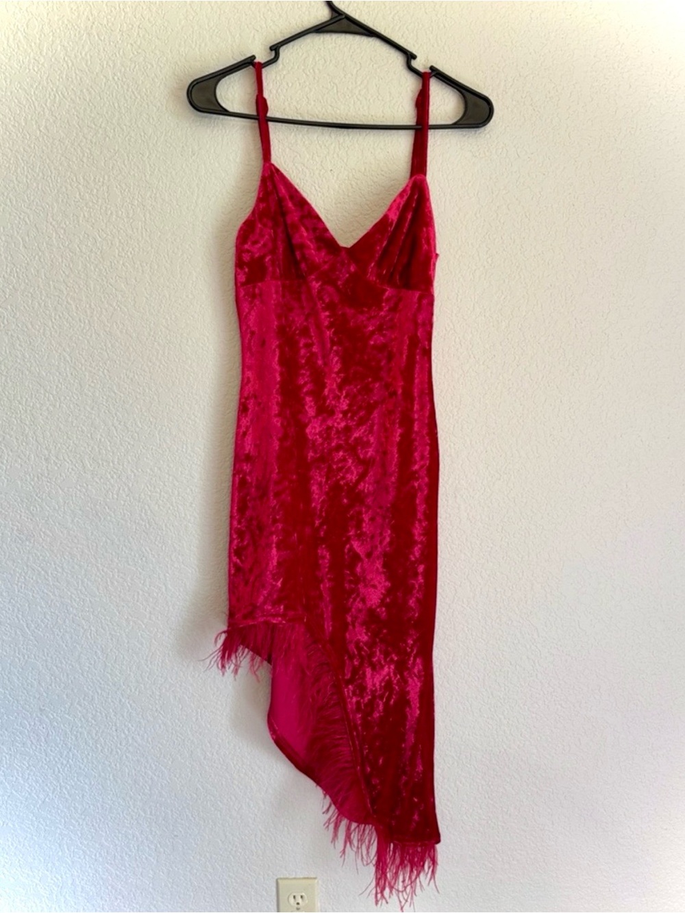Flirty Red Crushed Velvet Asymmetrical Slip Dress Feather Hem Small NWOT